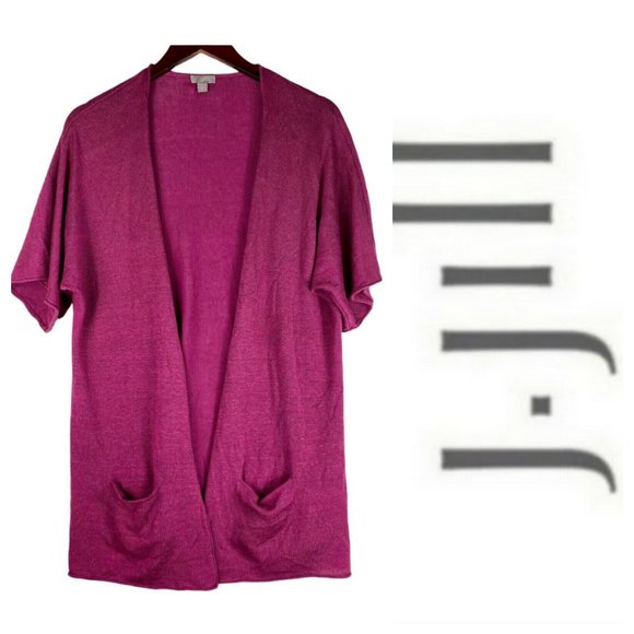 J.Jill Large 12 14 Open Cardigan Sweater Pink Magenta Linen Blend Pockets - Picture 1 of 4